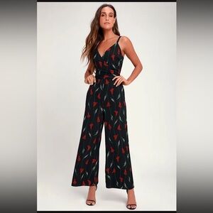Lulus Callea Black and Red Floral Print Surplice Jumpsuit - Size M